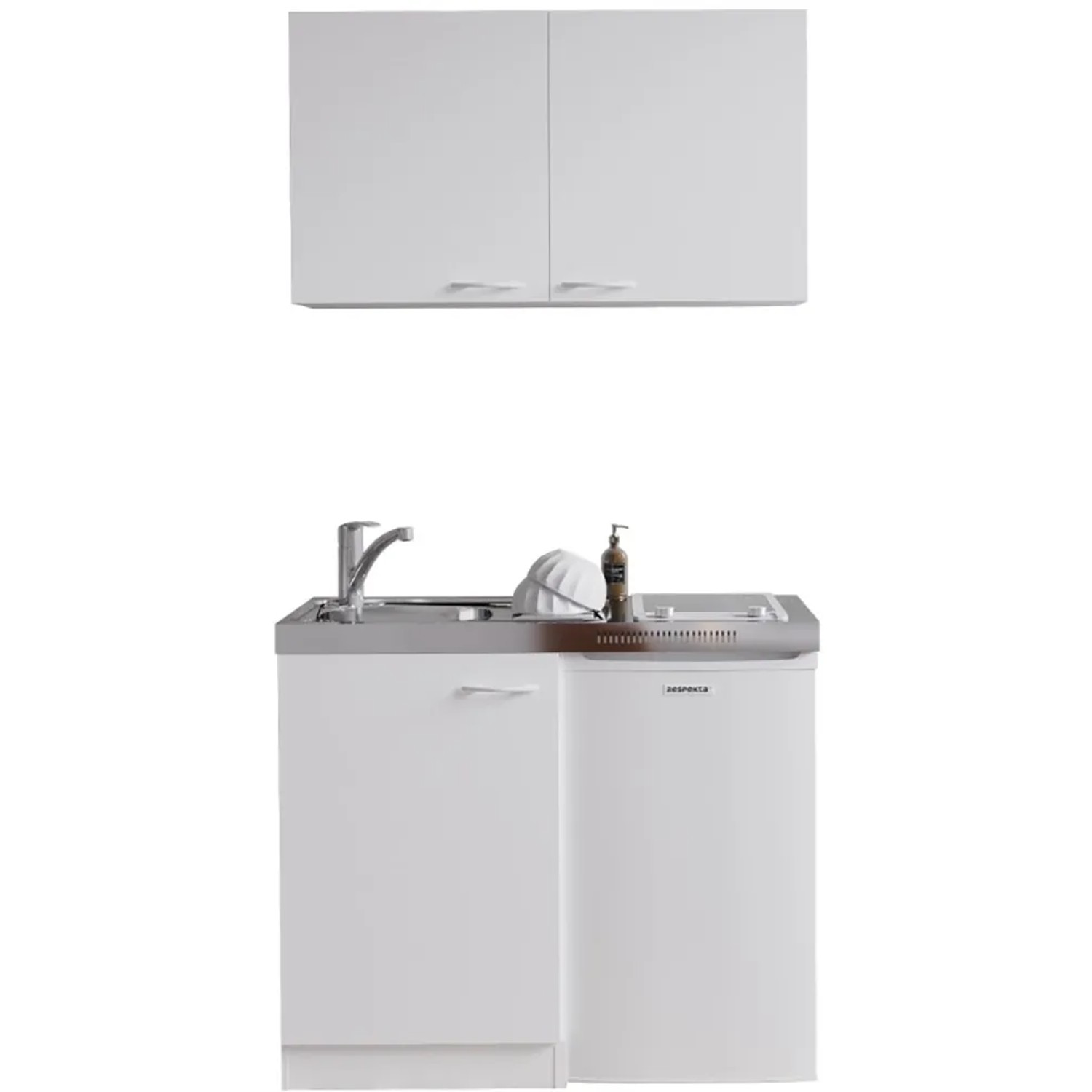 Respekta Miniküche MK100WOSC, 100 cm, Weiß, mit Kühlschrank, Kochfeld und Oberschrank.