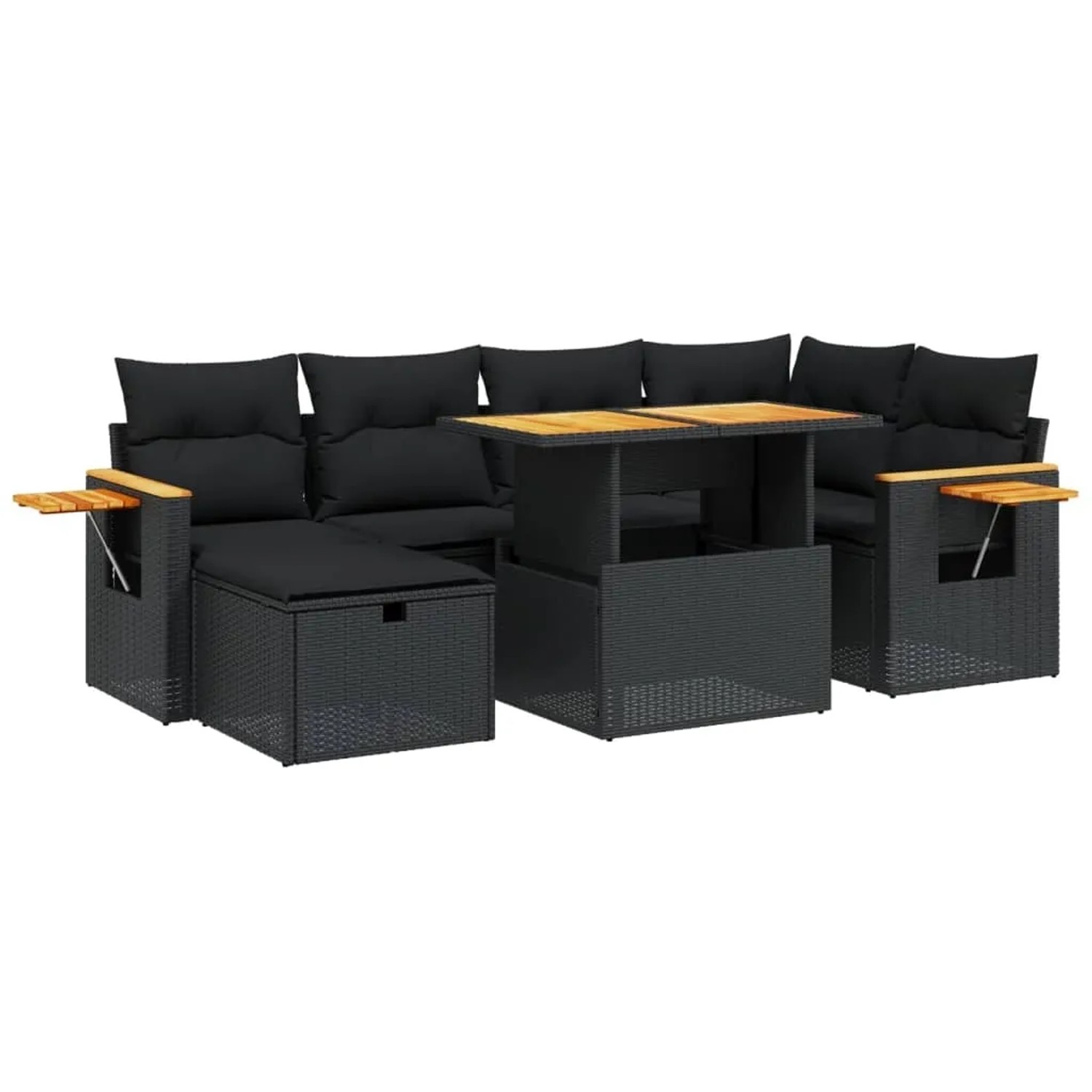 vidaXL 7-Tlg Garten-Sofagarnitur mit Kissen Schwarz Poly Rattan 3276142