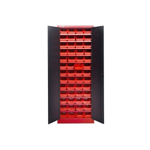 Offener Jet-Line Kleinteileschrank Kirow, anthrazit-rot, mit 52 roten Stapelboxen. Werkzeugschrank.