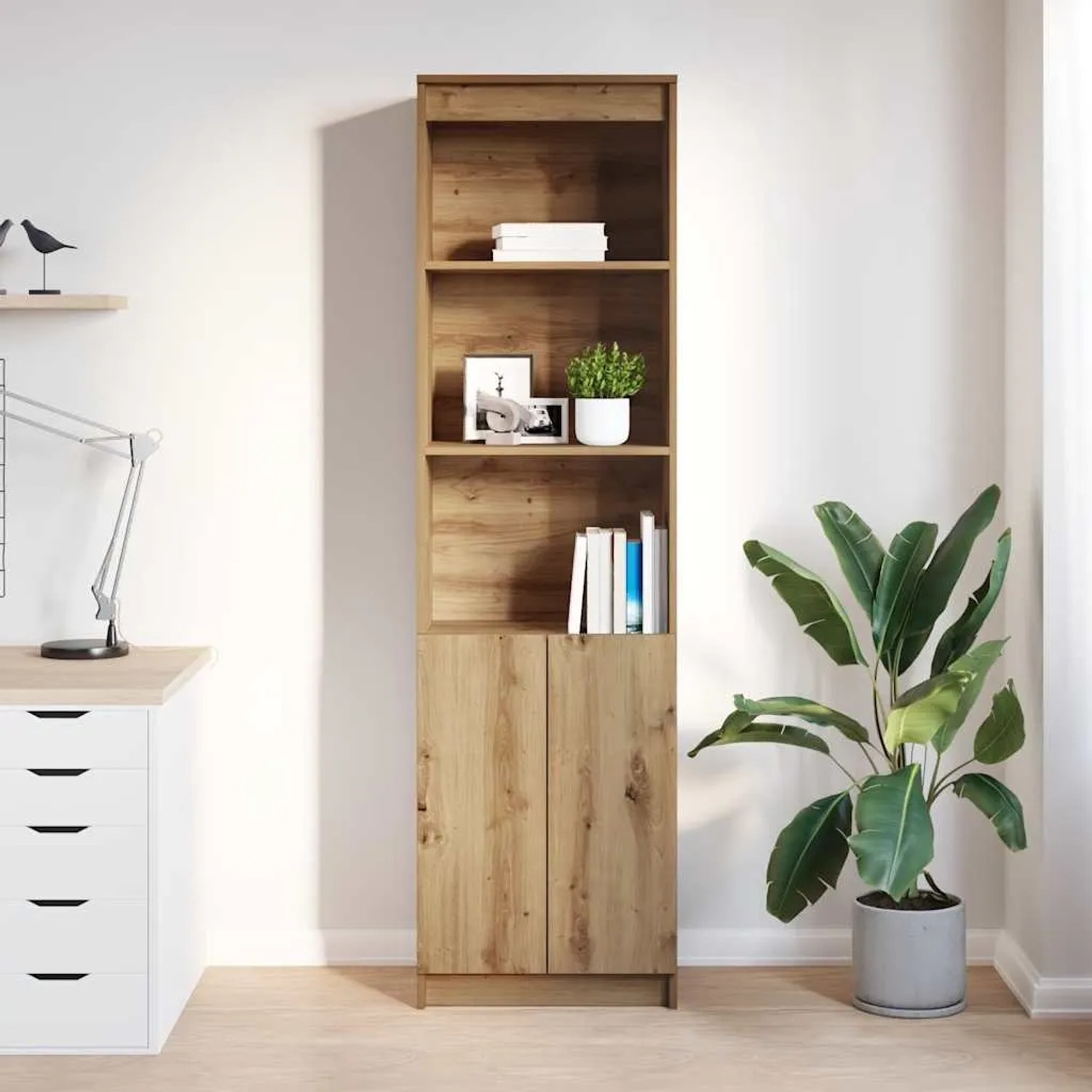 vidaXL Highboard Artisan Eiche, 50x35x180 cm, Holzwerkstoff, mit Regalböden und Türen.
