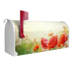 Weißer US Briefkasten mit Mohnblumen Motiv und roter Fahne von Banjado, 48x22x16cm.