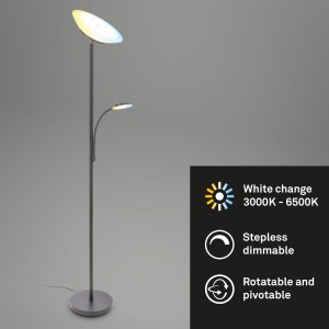 Dimmbare, schwenkbare Brilo Stehleuchte Plava in Anthrazit mit Haupt- und Leselampe.