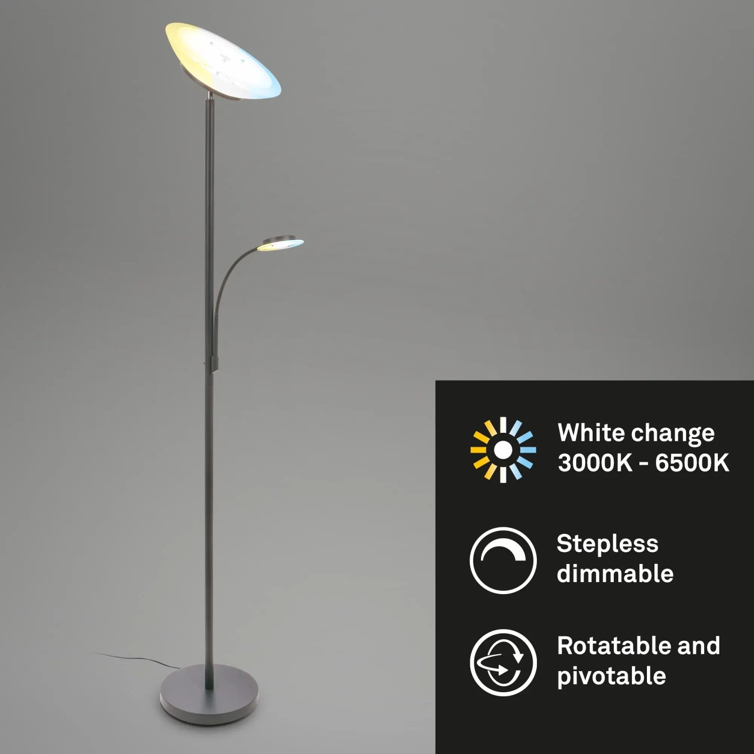 Dimmbare, schwenkbare Brilo Stehleuchte Plava in Anthrazit mit Haupt- und Leselampe.