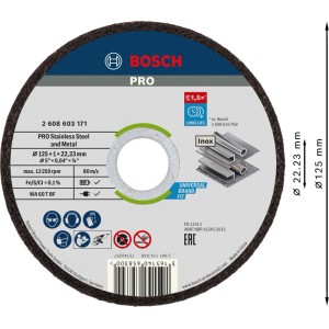 Bosch PRO Inox Trennscheibe 125mm für Winkelschleifer. Dunkelgraue Scheibe mit weißen Details zur Stahlbearbeitung.