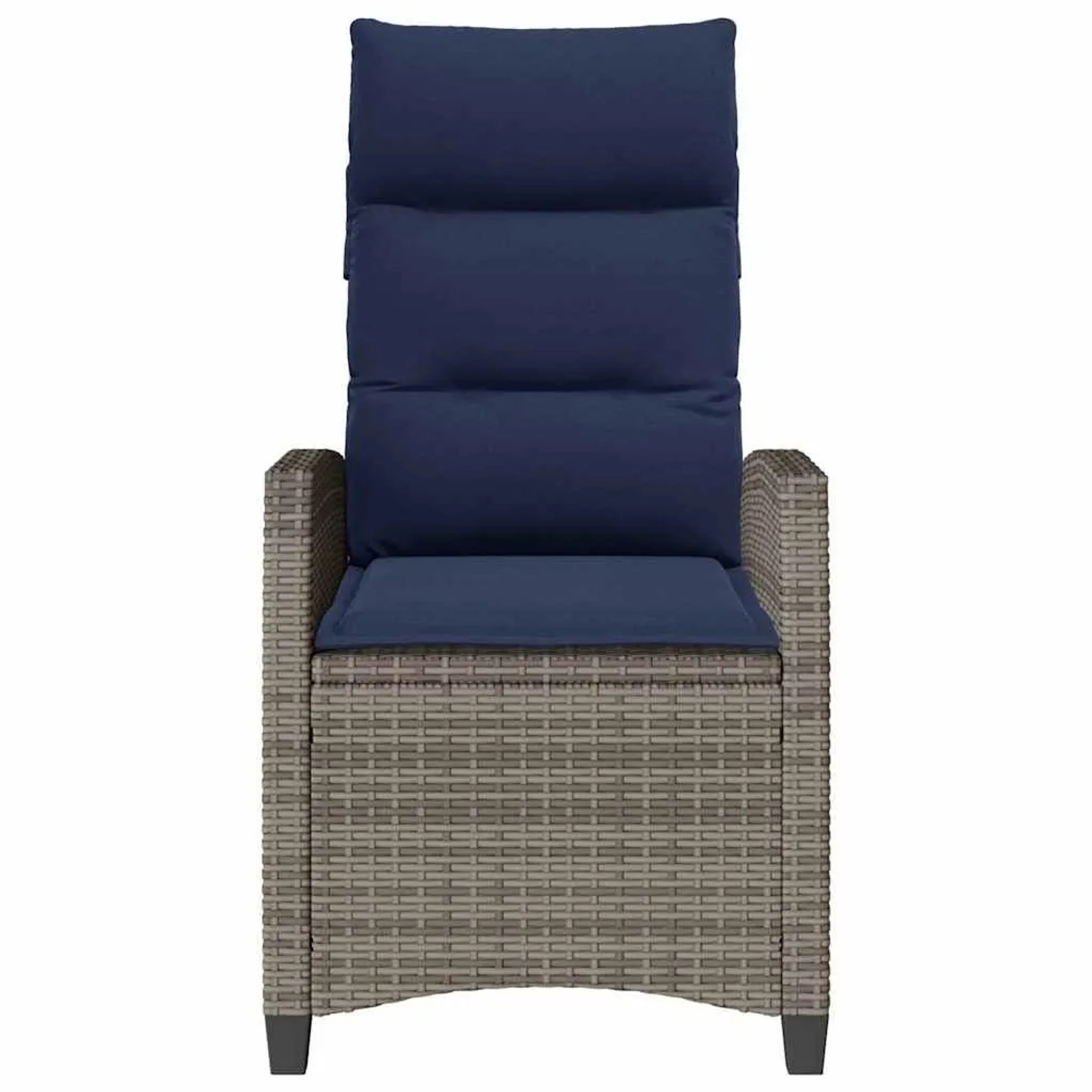 Grauer Poly Rattan Gartensessel mit hoher Rückenlehne und marineblauen Kissen. Verstellbarer Relaxsessel.