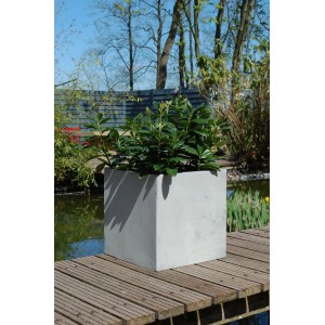 Grauer Vivanno Pflanzkübel Block in Betonoptik, 50x50x50 cm, mit Bepflanzung im Garten.