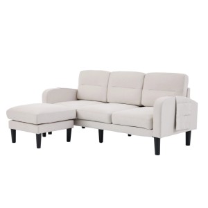 Beiges L-Sofa mit Chaiselongue und seitlicher Tasche. Modernes Stoff-Ecksofa für Wohnzimmer.