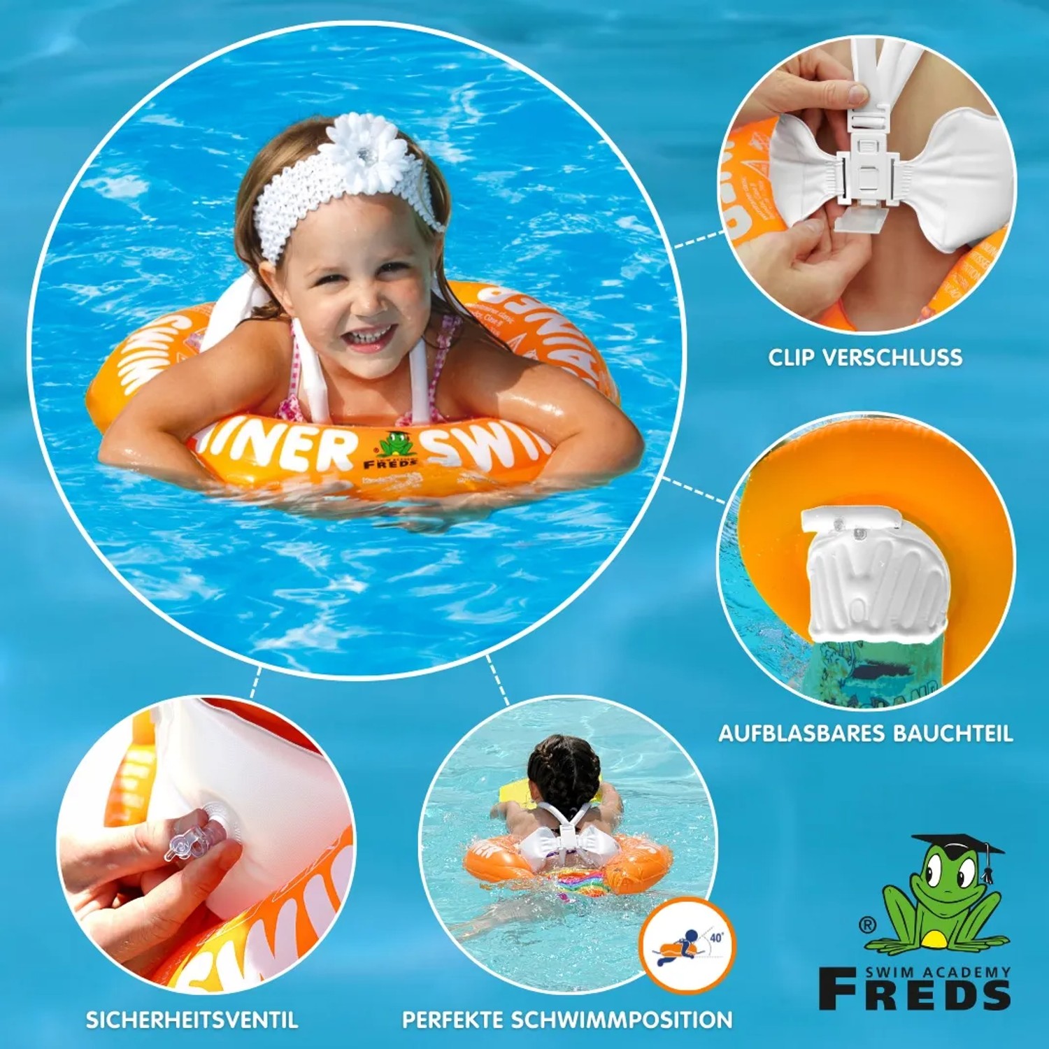 Freds Swim Academy Schwimmreifen Classic Orange für Kinder (2-6 Jahre) im Wasser mit Details.