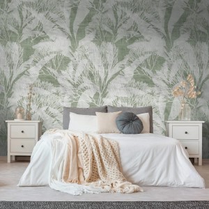 Fototapete Floral Grün/Weiß im Schlafzimmer. PROFHOME Vliestapete mit Palmen und Textiloptik.