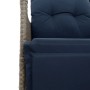 Detailansicht Gartensessel: Graues Polyrattan, marineblaue Kissen. Verstellbarer Stuhl für Garten & Terrasse.