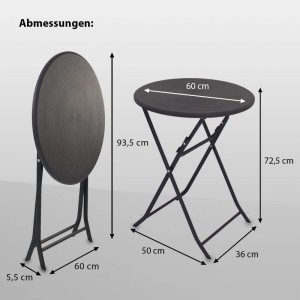 TRUTZHOLM Balkontisch, grau, Holzoptik, Ø 60cm, klappbar, mit Maßangaben.