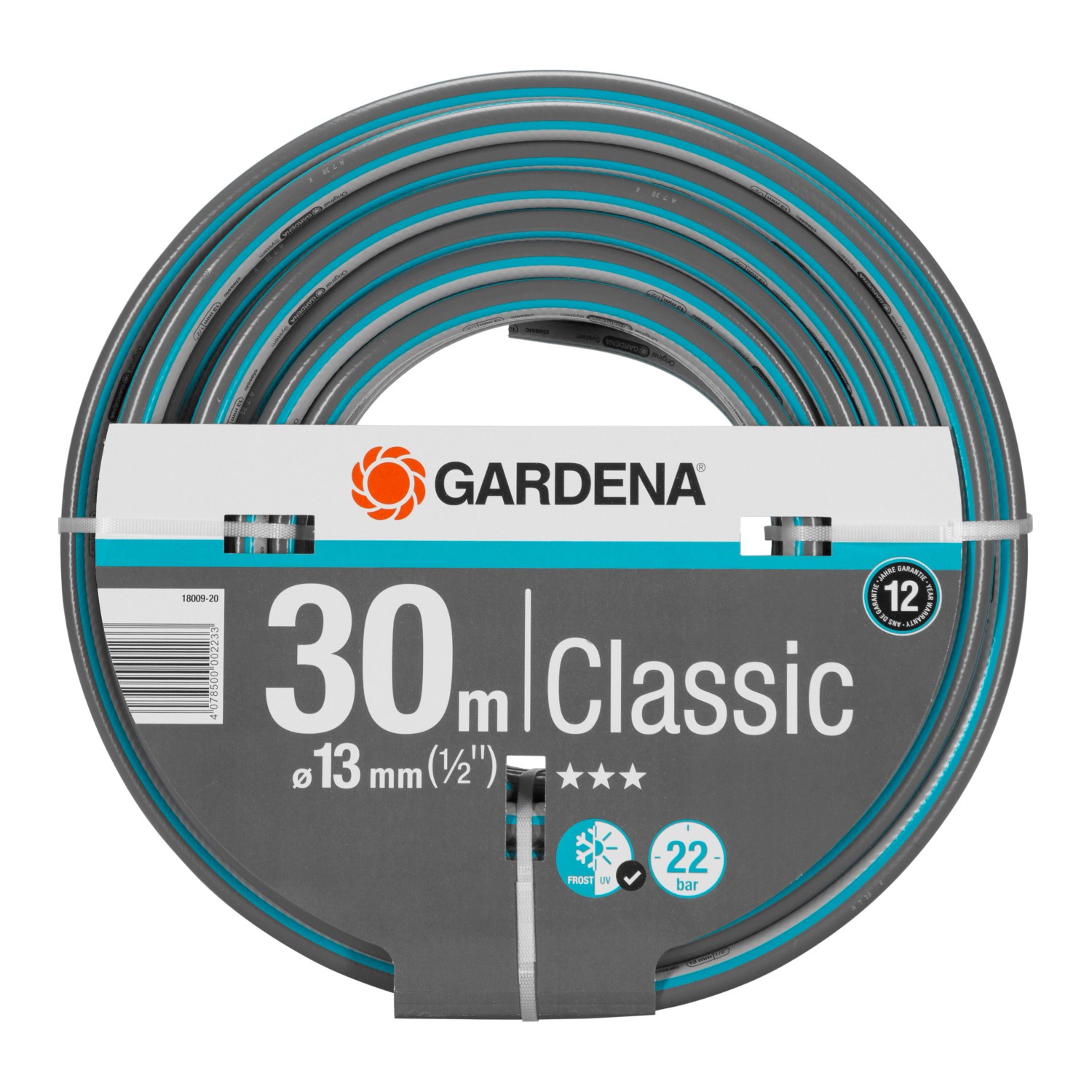 Gardena Classic Gartenschlauch, 13mm, 30m, aufgerollt. Ideal für die Gartenbewässerung.