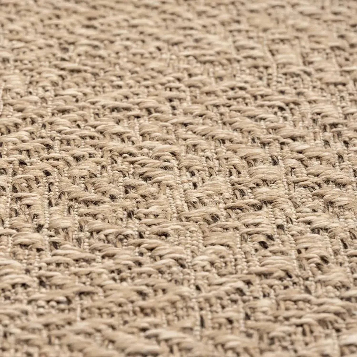 Nahaufnahme des beigen vidaXL Outdoor-Teppichs ZIZUR. Zeigt die gewebte Jute-Optik aus robustem PP-Material.