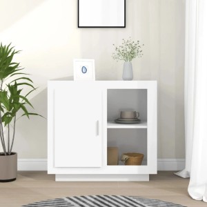 Weißes vidaXL Sideboard aus Holzwerkstoff mit einer Tür und zwei offenen Fächern, dekoriert im Wohnzimmer.