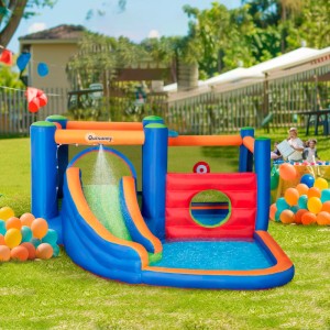 Mehrfarbige Outsunny Hüpfburg mit Rutsche und Pool im Garten.