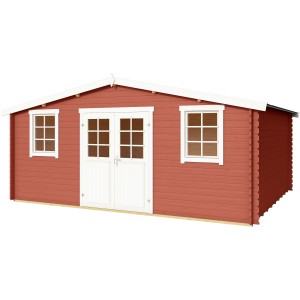 Lasita Holz-Gartenhaus Wels 5 in Schwedenrot mit weißen Fenstern und Türen.