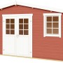 Lasita Holz-Gartenhaus Wels 5 in Schwedenrot mit weißen Fenstern und Türen.