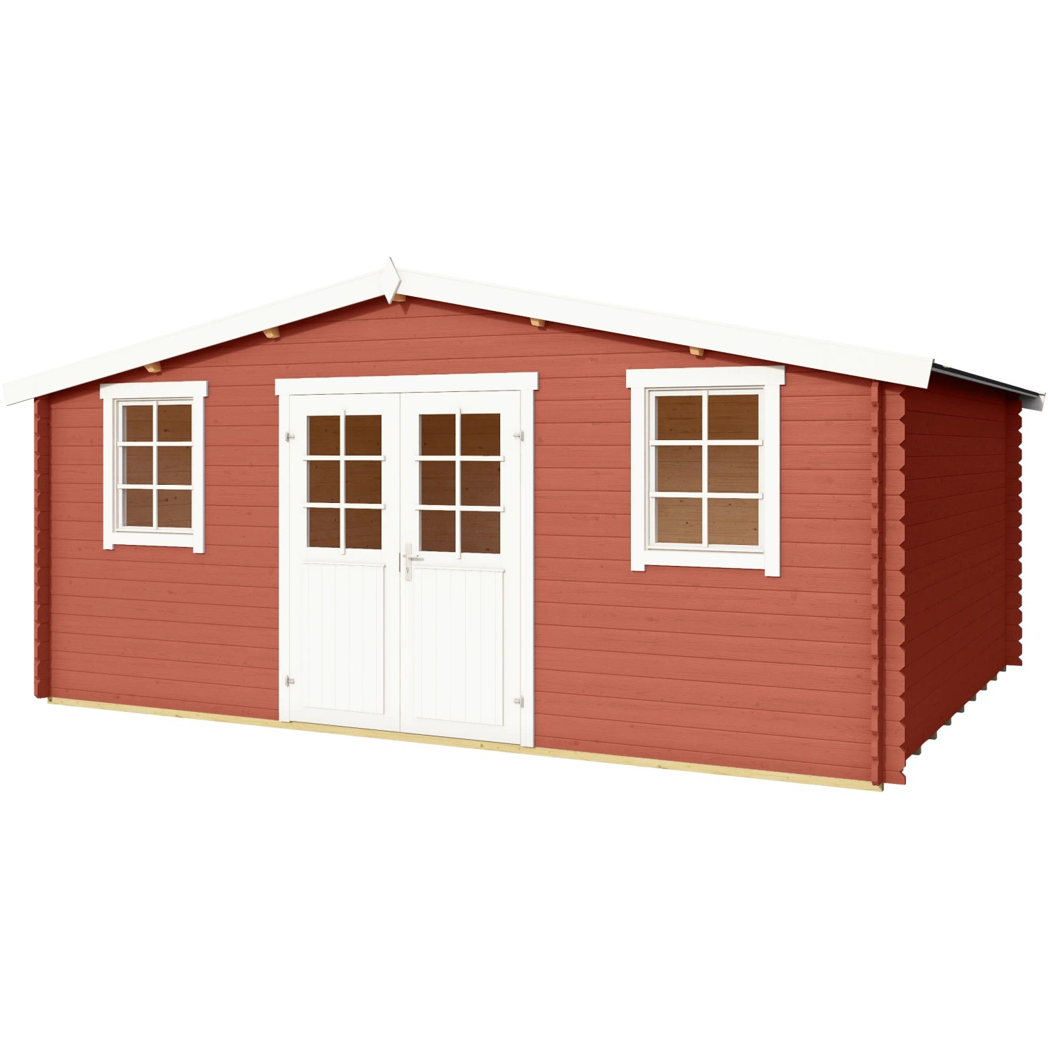 Lasita Holz-Gartenhaus Wels 5 in Schwedenrot mit weißen Fenstern und Türen.