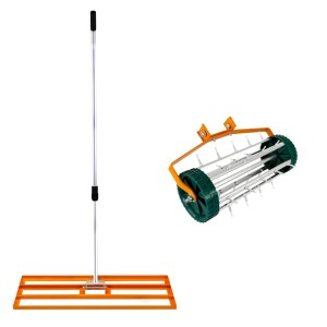 Monstershop Rasenrakel (100cm) und Rasenlüfter, orange. Gartenhandgeräte für die Rasenpflege.