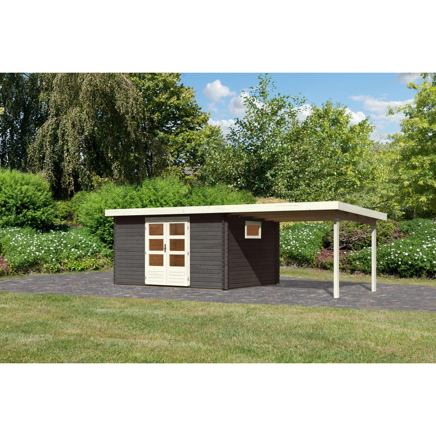 Karibu Gartenhaus Jeebel 5 Terragrau 669 cm x 297 cm mit Anbaudach günstig online kaufen