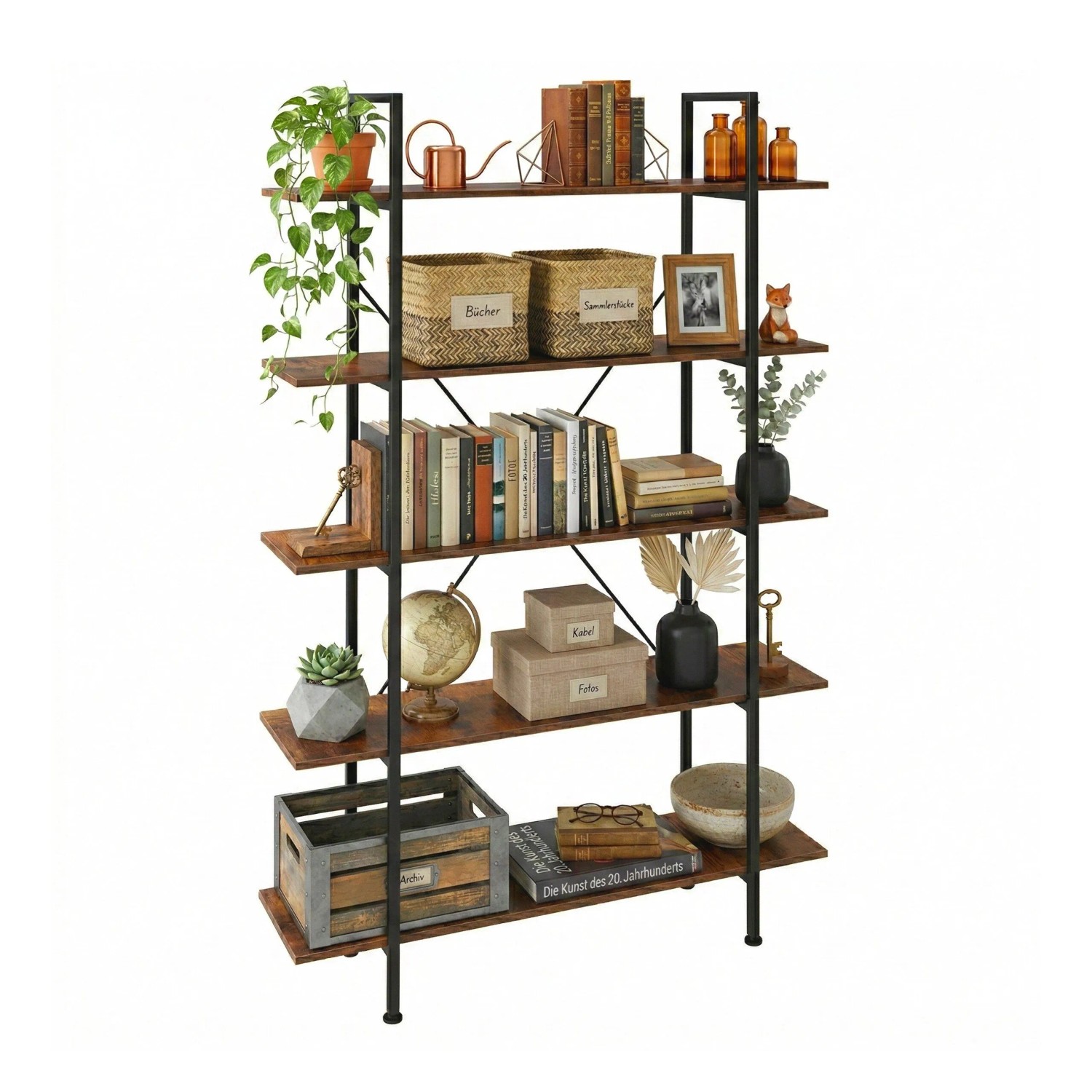 Relaxdays Bücherregal Holzwerkstoff Stahl Braun Schwarz 5 Ebenen 177,5 cm x 105 cm x 33,5 cm 20,5 kg