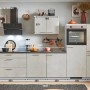 pino Küchenzeile 280cm in Beton Weißgrau mit E-Geräten und Seitenschrank rechts.