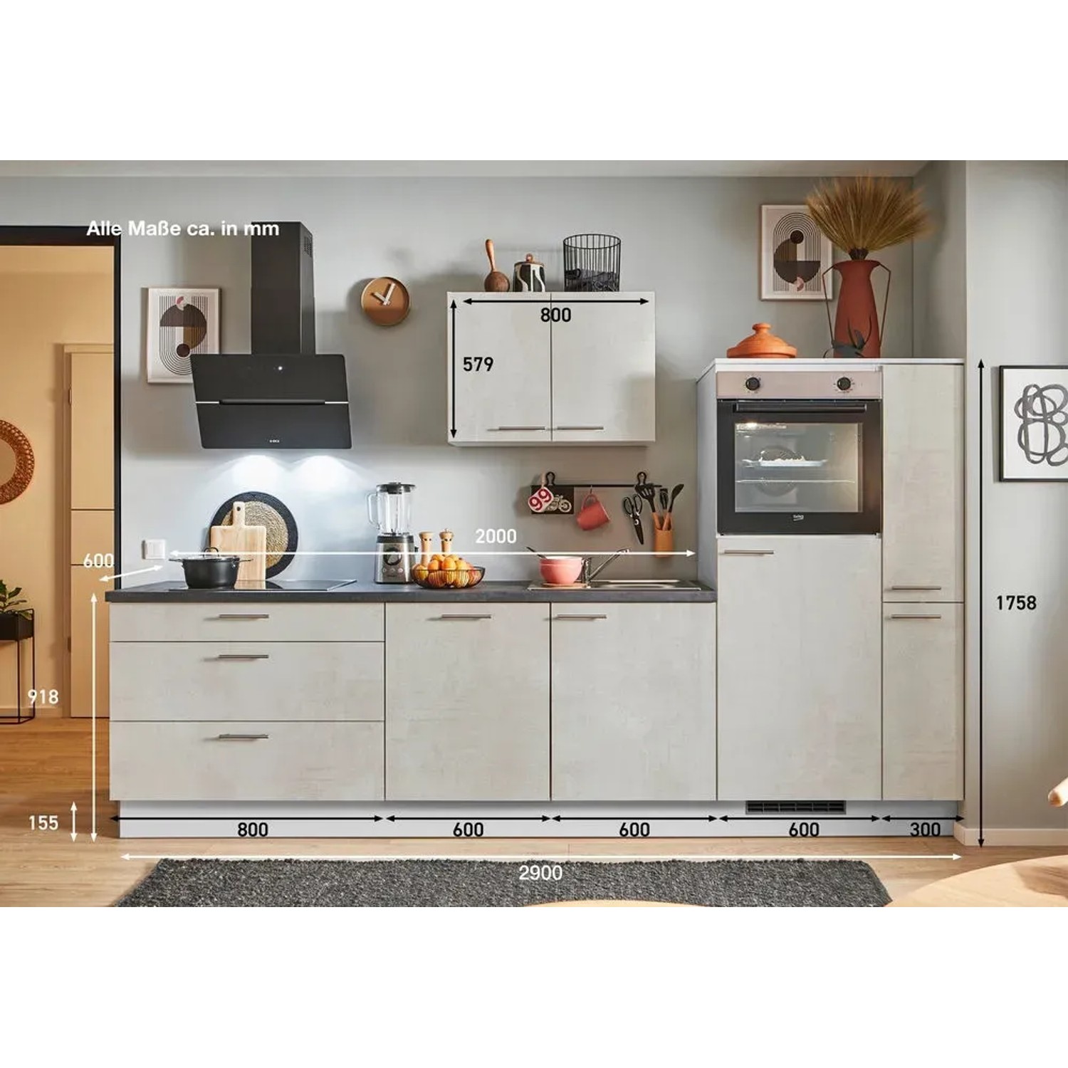 pino Küchenzeile 280cm in Beton Weißgrau mit E-Geräten und Seitenschrank rechts.