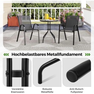 Costway Balkonmöbel Set, 3-teilig: Bistrotisch mit Glasplatte und zwei stapelbare Gartenstühle.