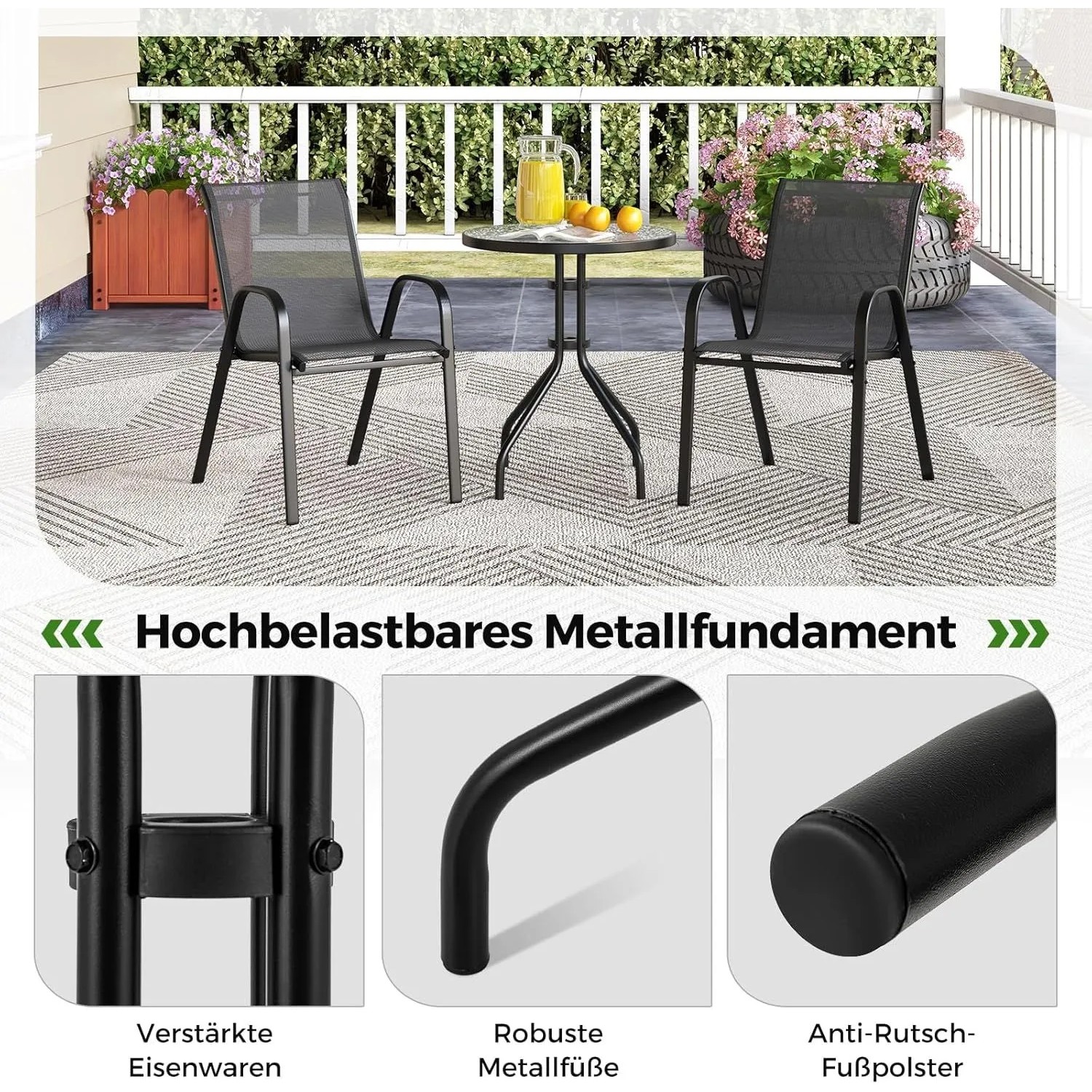 Costway Balkonmöbel Set, 3-teilig: Bistrotisch mit Glasplatte und zwei stapelbare Gartenstühle.