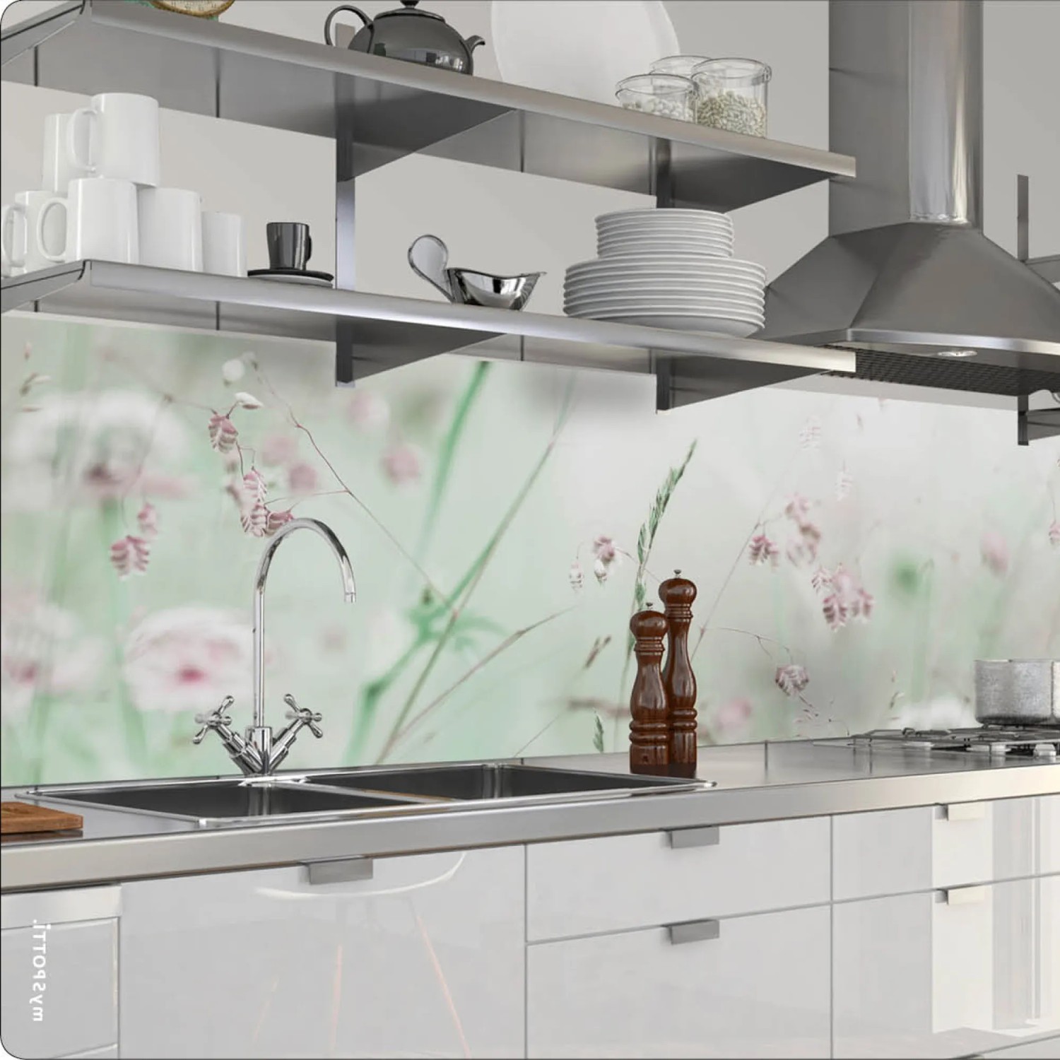 Küchenrückwandfolie Wildblumen als Spritzschutz hinter einer Spüle in einer Küche.