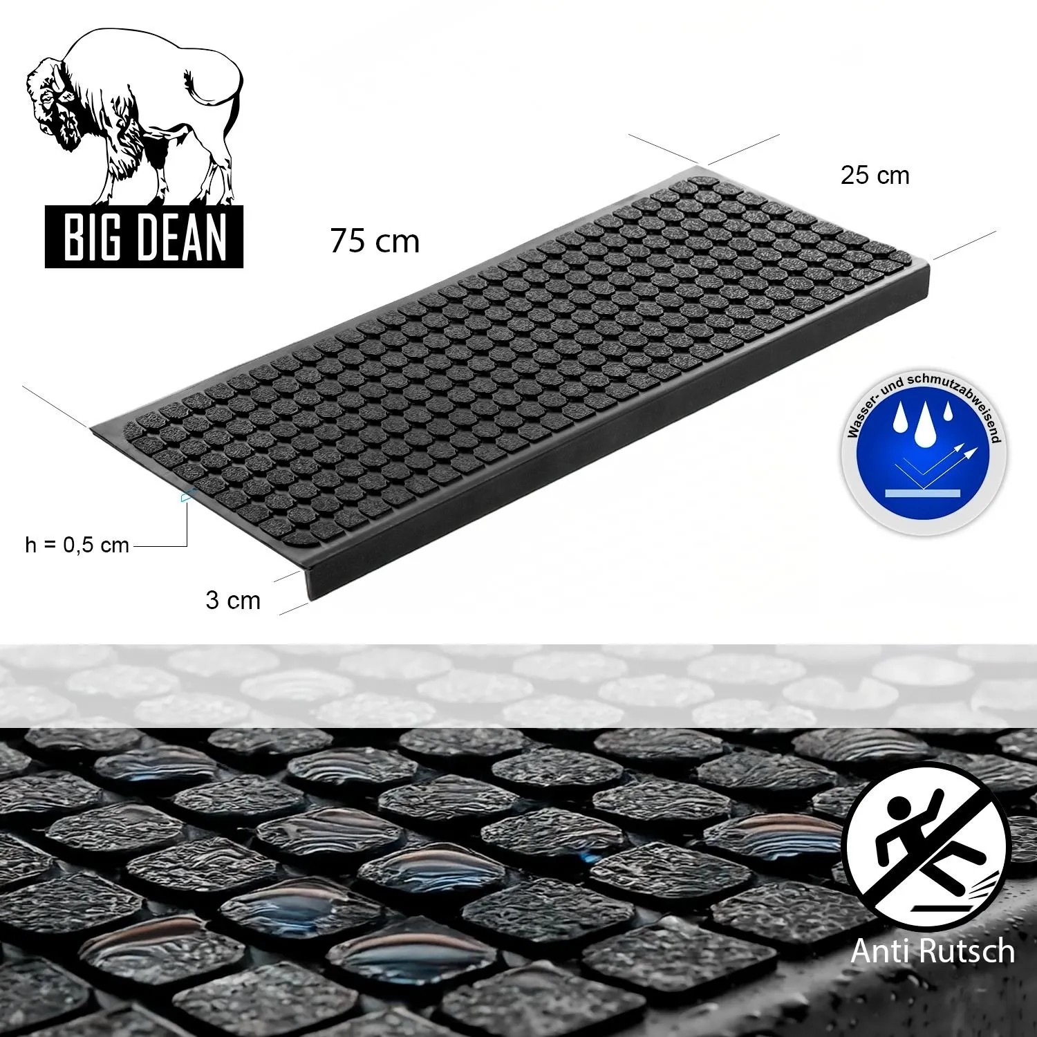 Schwarze BigDean Gummi Stufenmatte 75x25cm mit Anti-Rutsch-Struktur. Ideal für Outdoor Treppen, witterungsbeständig.