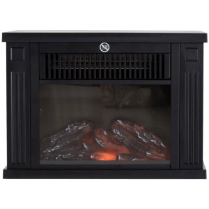 Schwarzer HOMCOM Elektrokamin mit klassischem Design, sichtbaren Heizlamellen und realistischem Flammeneffekt.