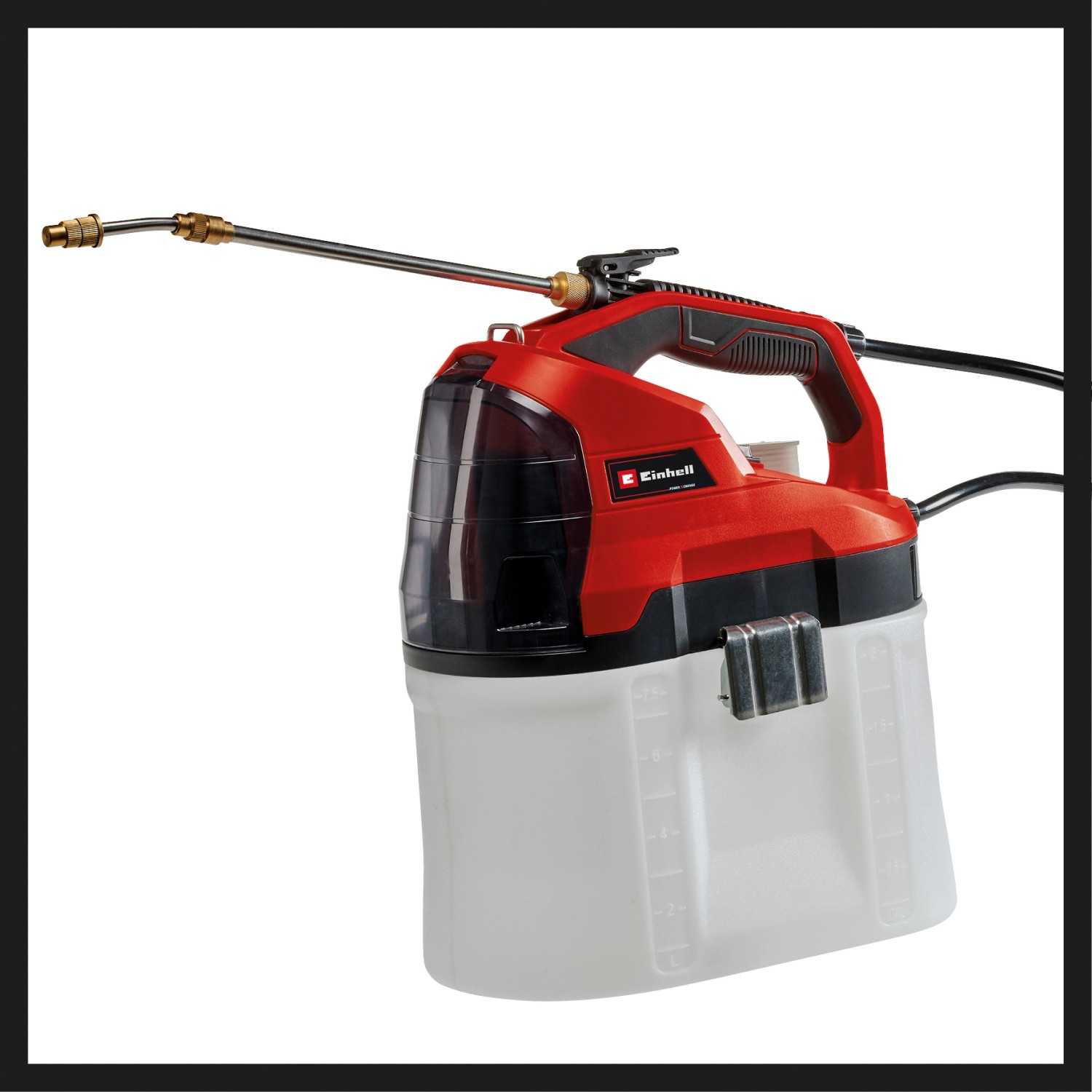 Einhell Akku-Drucksprühgerät GE-WS 18/75 Li-Solo mit transparentem Tank und Teleskoplanze.