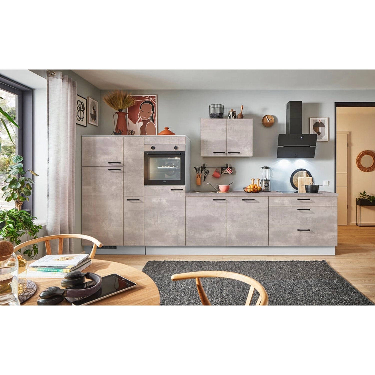 pino Küchenzeile 360 cm Beton Perlgrau Anschlag L 1 Geräte-, 1 Apothekerschrank