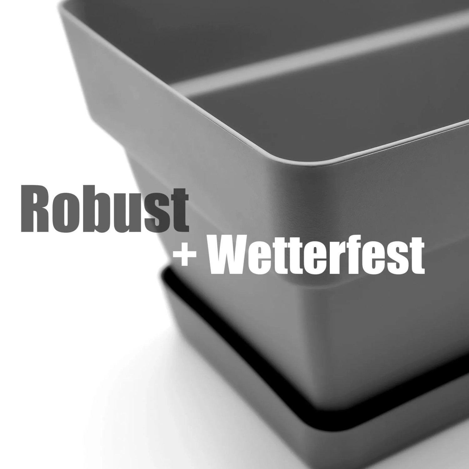 Robuster, wetterfester Balkonkasten aus anthrazitfarbenem Kunststoff mit passendem Untersetzer. Für Blumen & Pflanzen.