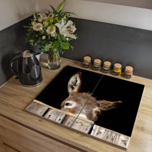 Banjado 2-teilige Herdabdeckplatte aus Glas mit Esel-Motiv, auch als Schneidebrett nutzbar.