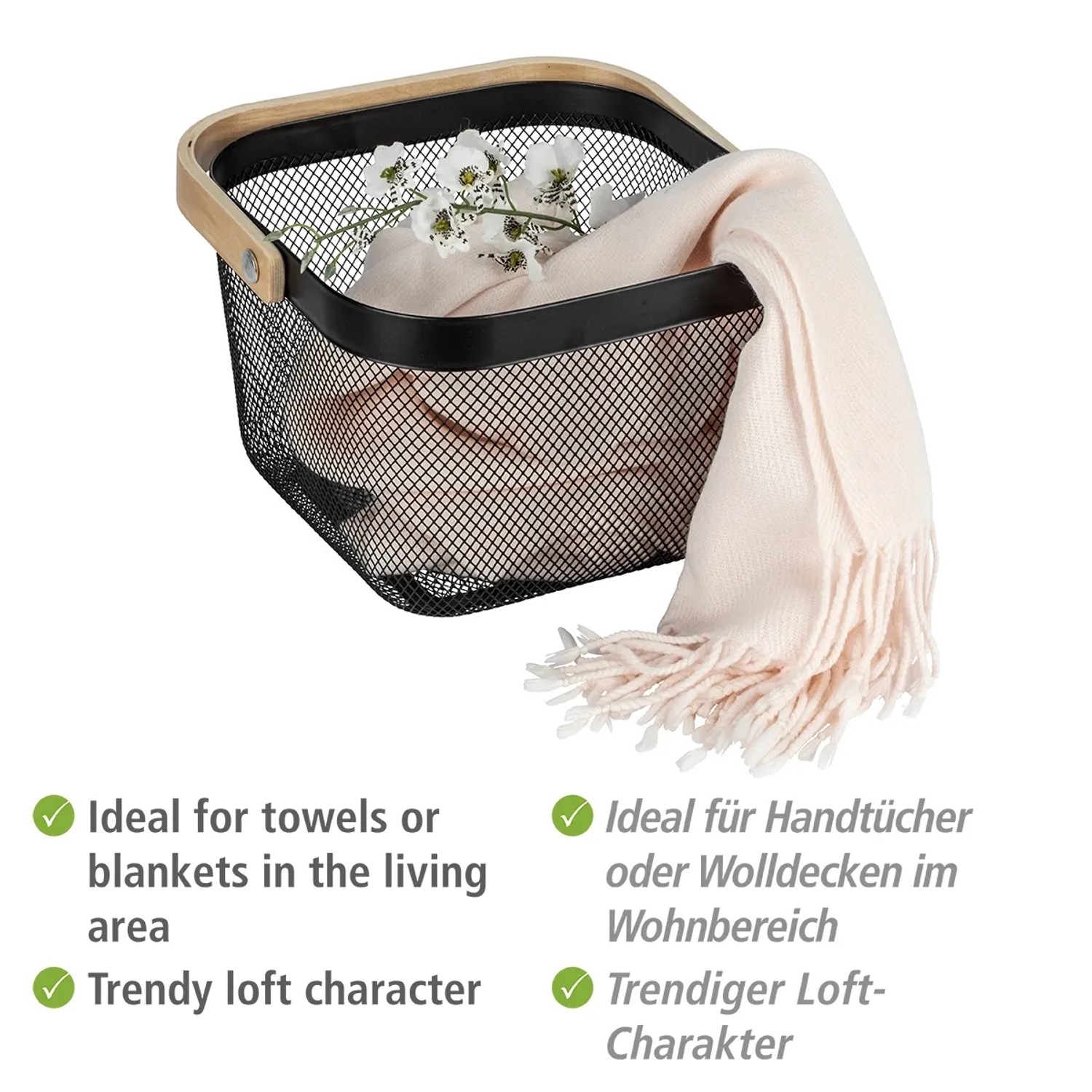 WENKO Badaufbewahrung Bambusa, schwarzer Stahlkorb mit Bambusgriff, gefüllt mit Decke und Deko.