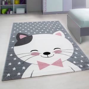 Ayyildiz Kinderteppich Kids 550 Pink, 120x170 cm, mit Katzenmotiv und Sternen auf grauem Grund.