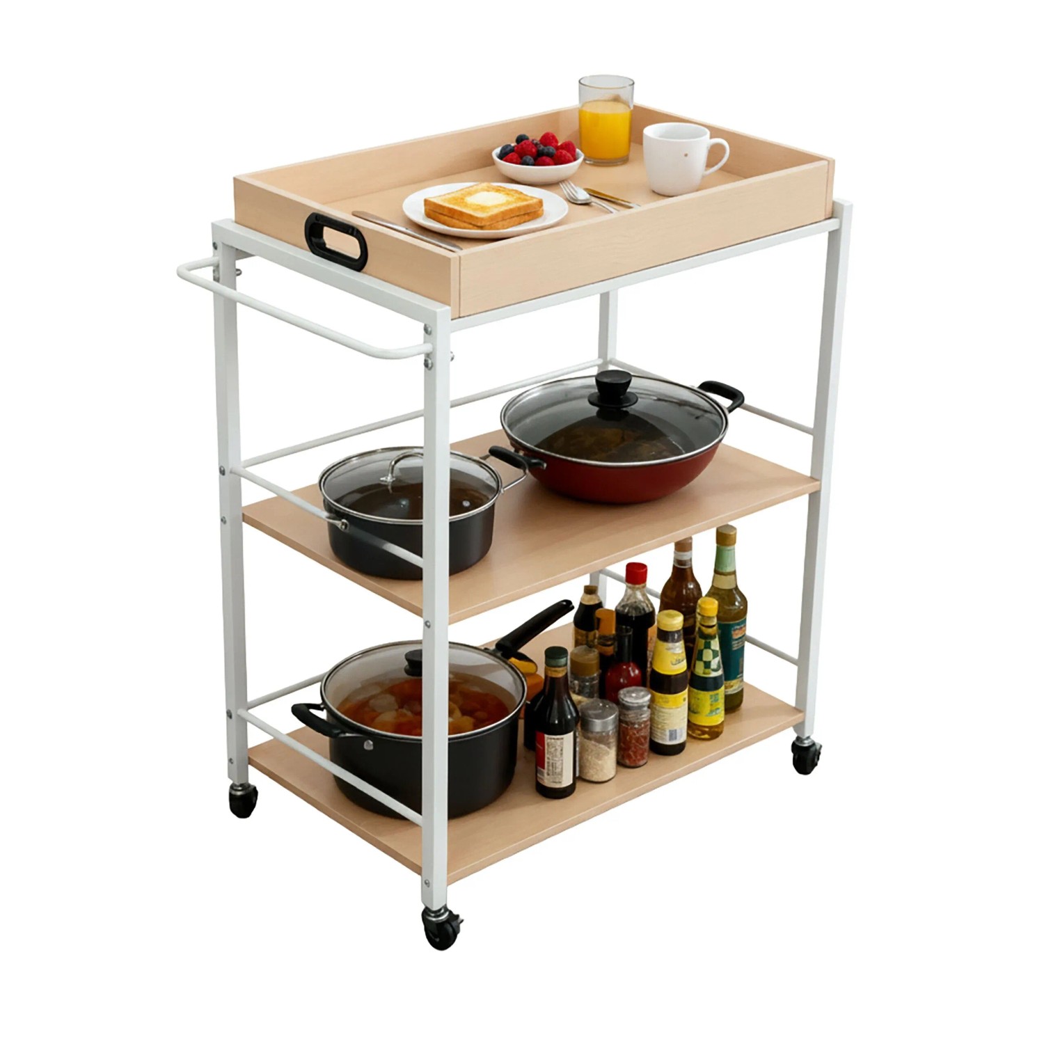 Relaxdays Servierwagen MDF Stahl Hellbraun Weiß Abnehmbares Tablett 88 cm x 70 cm x 40 cm
