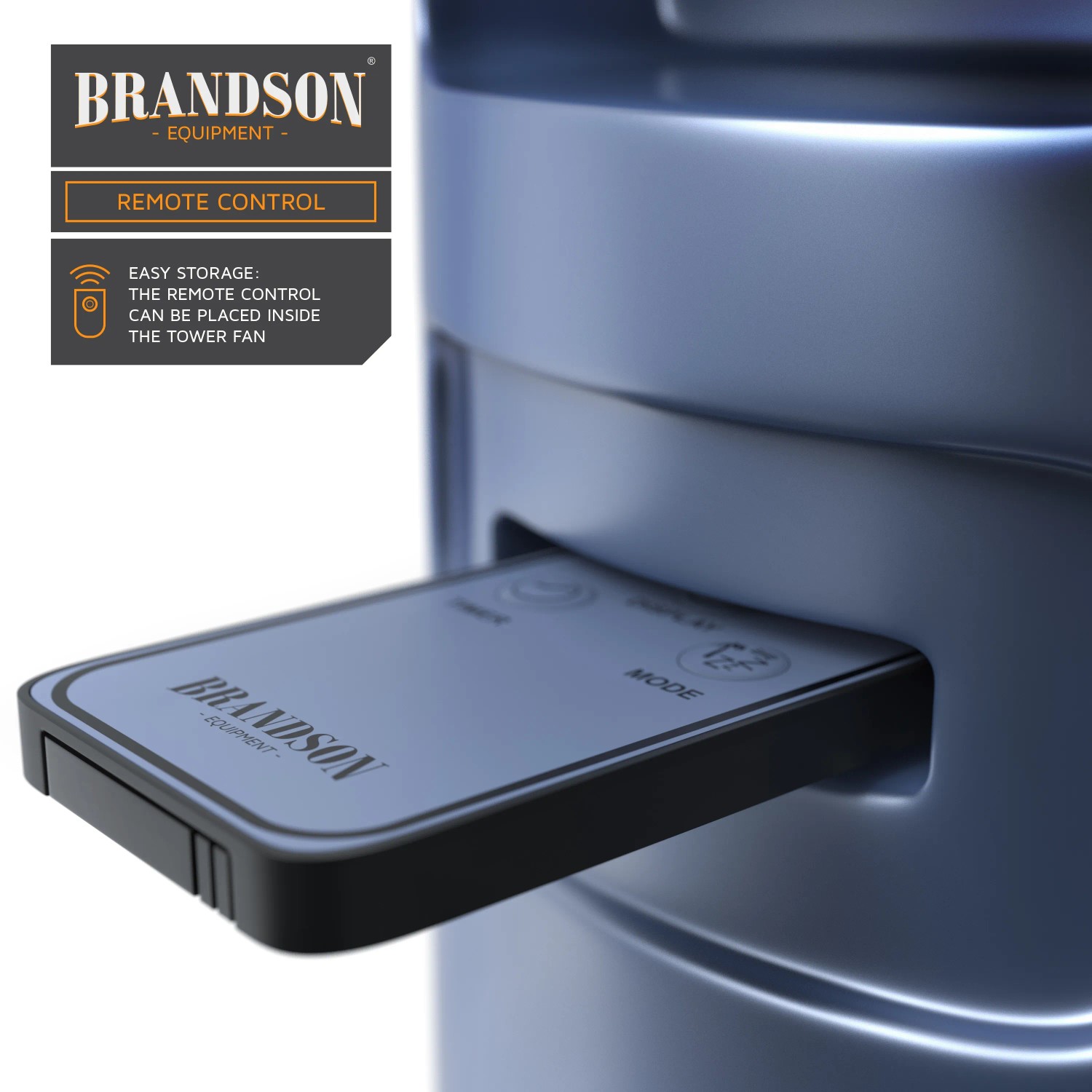 Brandson Turmventilator: Detailaufnahme der Fernbedienung im Einschub des Turmventilators.