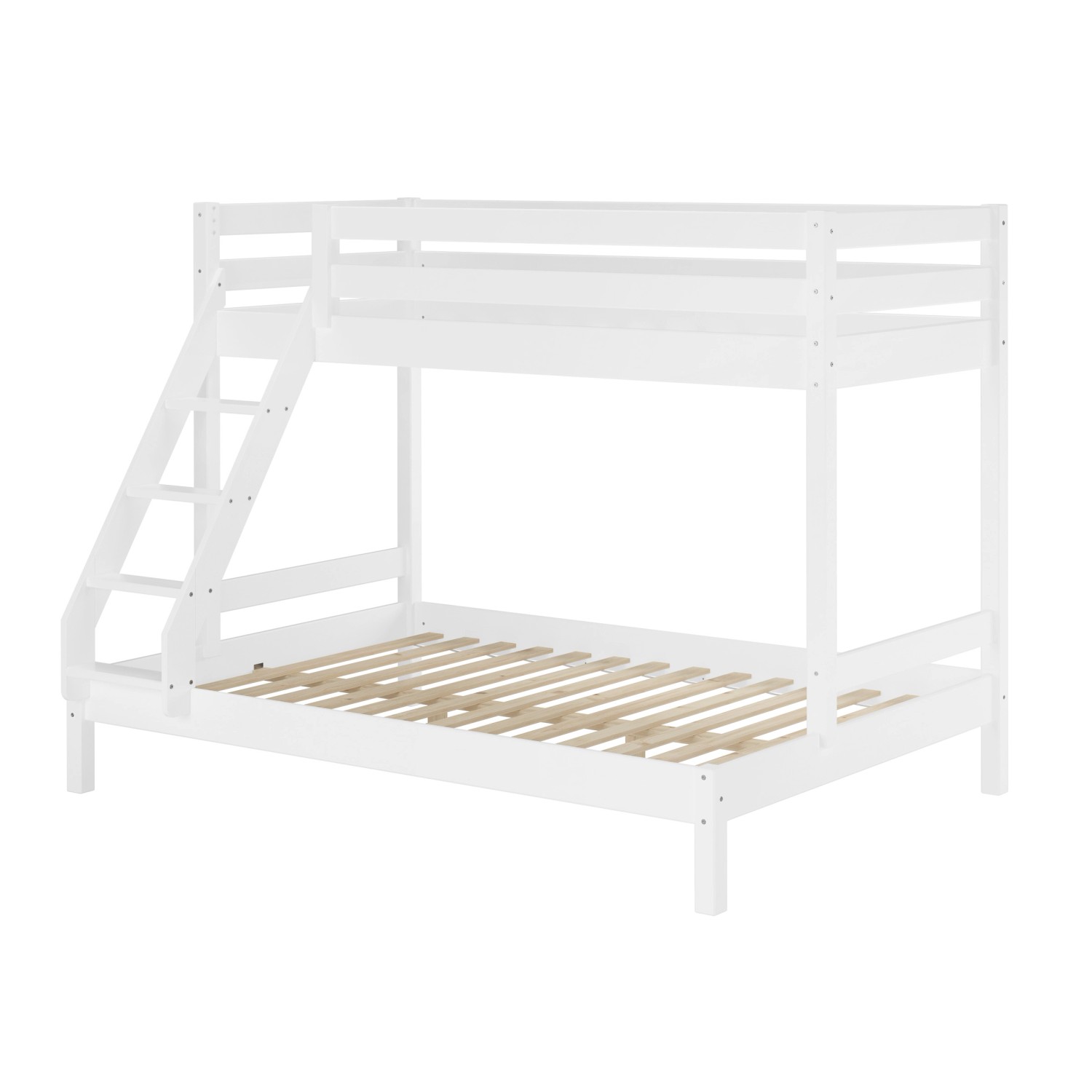 Weißes Doppel-Etagenbett aus Kiefernholz mit Leiter, Liegeflächen 90x200 und 140x200 cm.