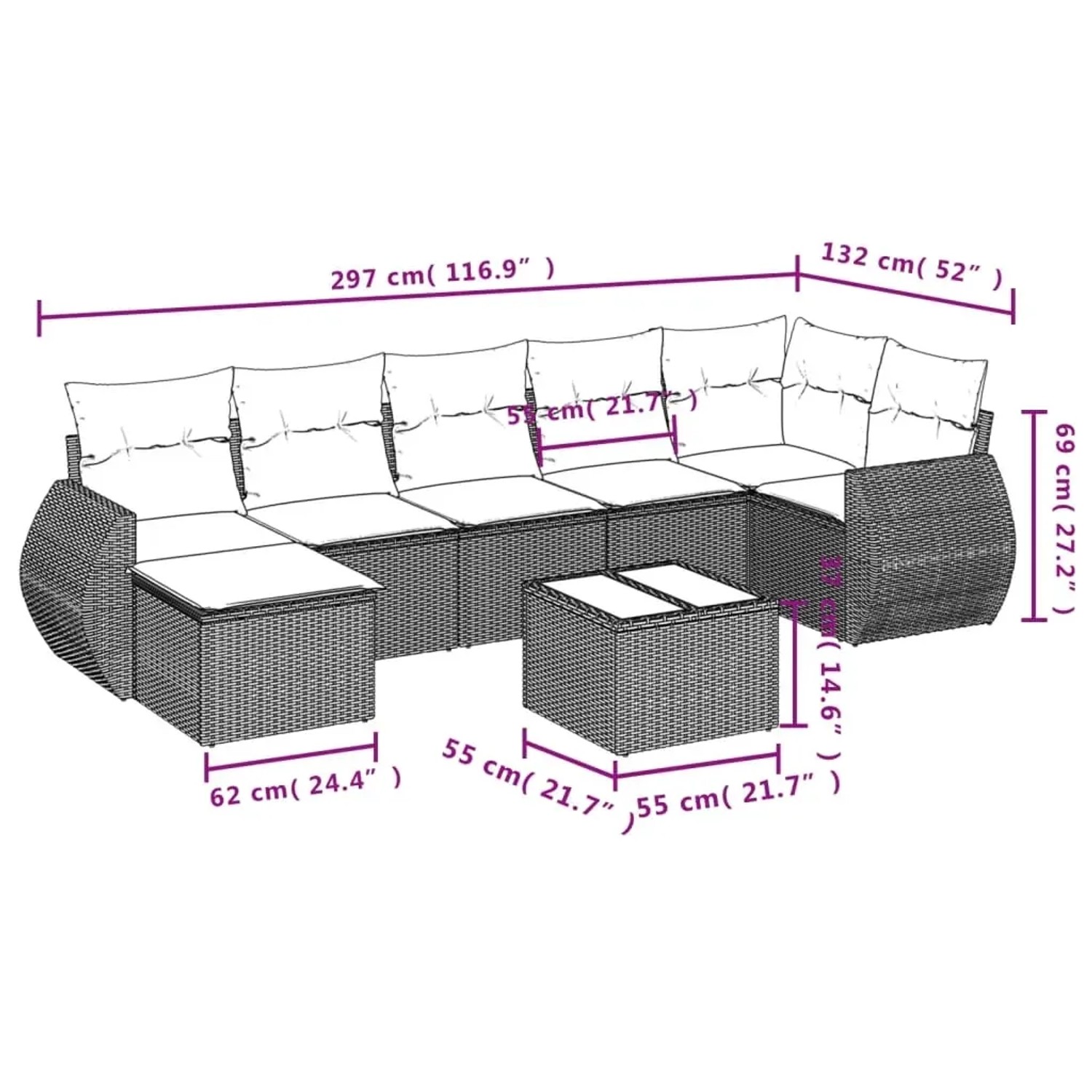 Beige 8-tlg. vidaXL Garten-Sofagarnitur aus Poly Rattan mit Kissen. Gartenmöbel-Set mit Tisch und Hockern.
