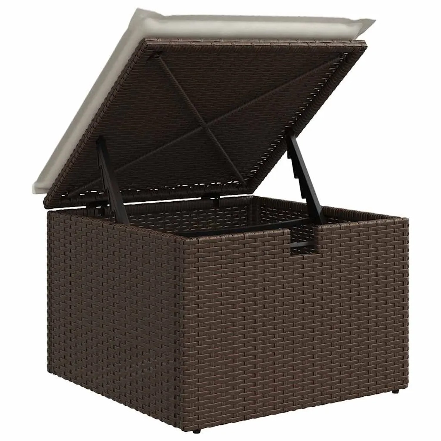Brauner Poly Rattan Gartenmöbel Hocker mit Stauraum und Kissen als Teil einer Sofagarnitur.