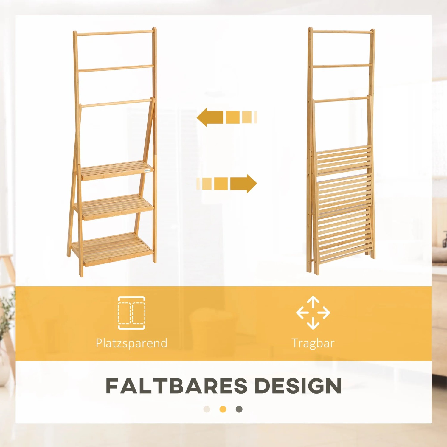 Kleankin Handtuchständer aus Bambus, zusammenklappbar für Badaccessoires.