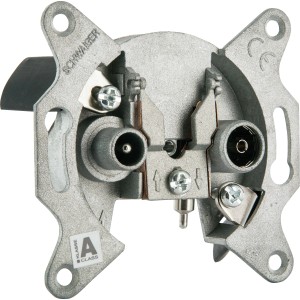 Schwaiger Antennen-Einzeldose mit 2 Löchern, Detailansicht der Anschlüsse und Klemmtechnik.