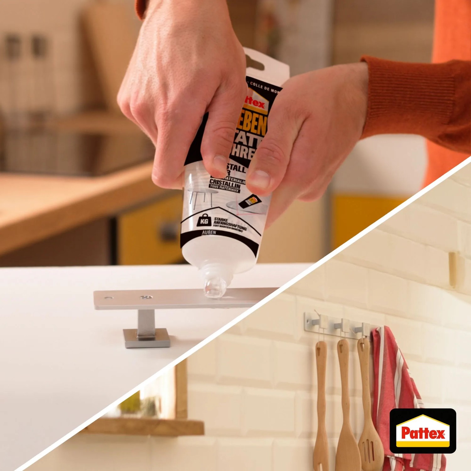 Anwendung von Pattex Montagekleber Kristallklar zum Kleben eines Handtuchhalters.