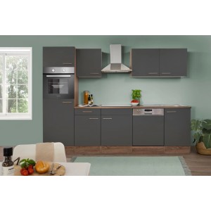 Moderne Respekta Küchenzeile in Grau Seidenglanz mit Eiche York Nachbildung und Elektrogeräten.