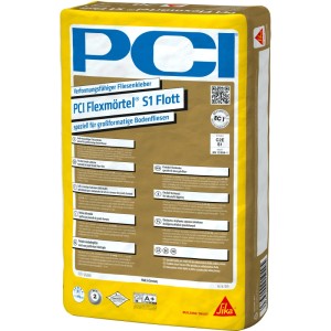 Gelber Sack PCI Flexmörtel S1 Flott Fliesenkleber, 20 kg, für großformatige Bodenfliesen.