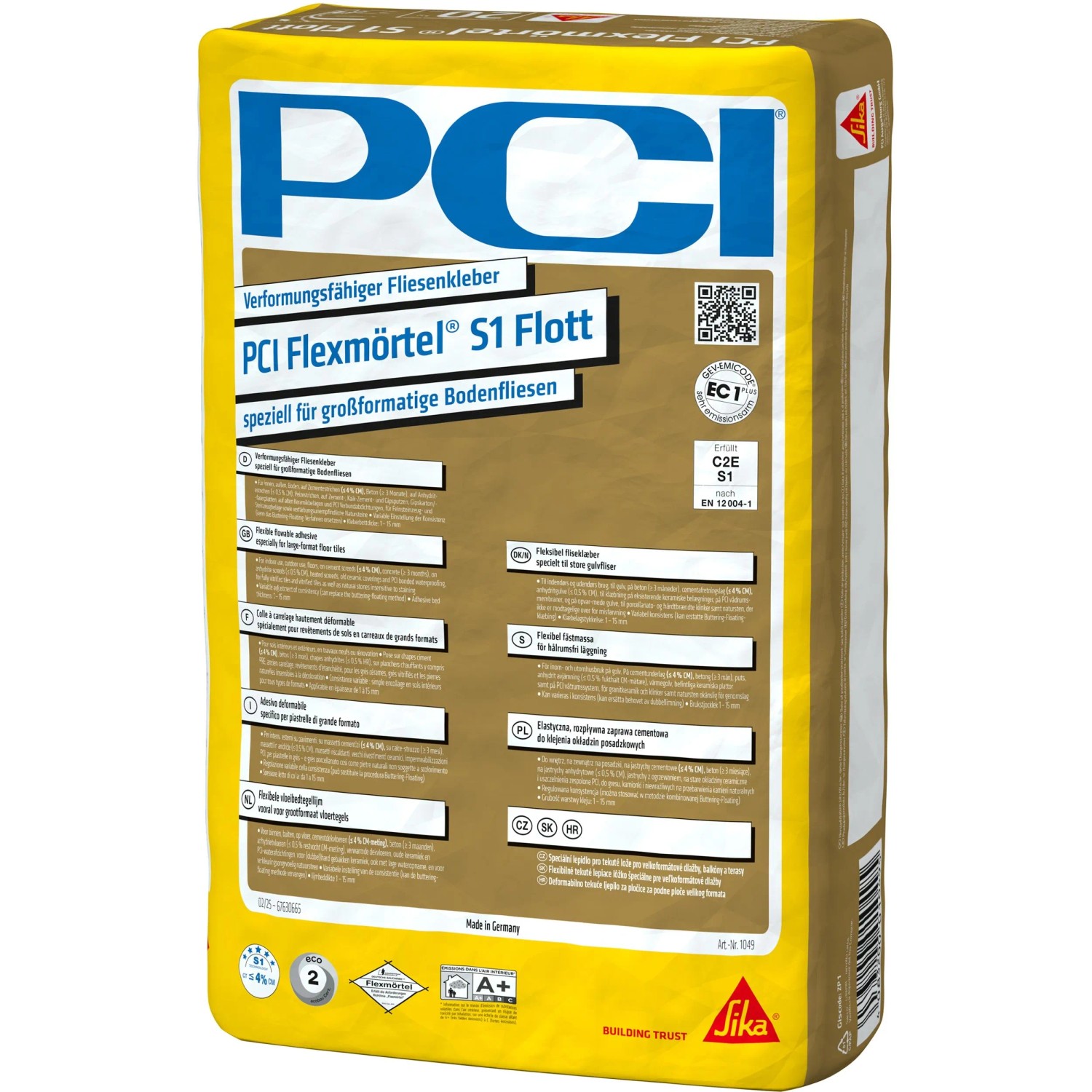 Gelber Sack PCI Flexmörtel S1 Flott Fliesenkleber, 20 kg, für großformatige Bodenfliesen.