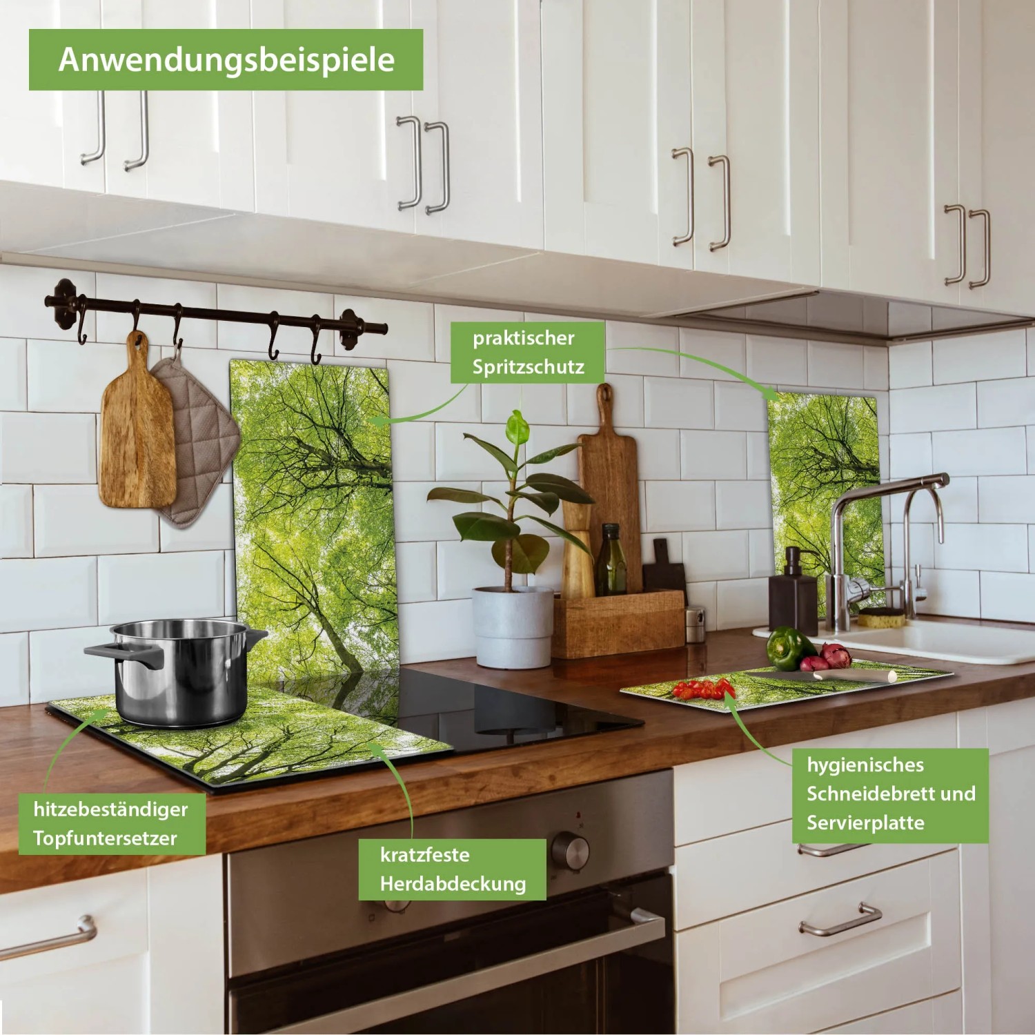 Banjado 2-teilige Herdabdeckplatte aus Glas mit Baum-Motiv als Schneidebrett und Spritzschutz.
